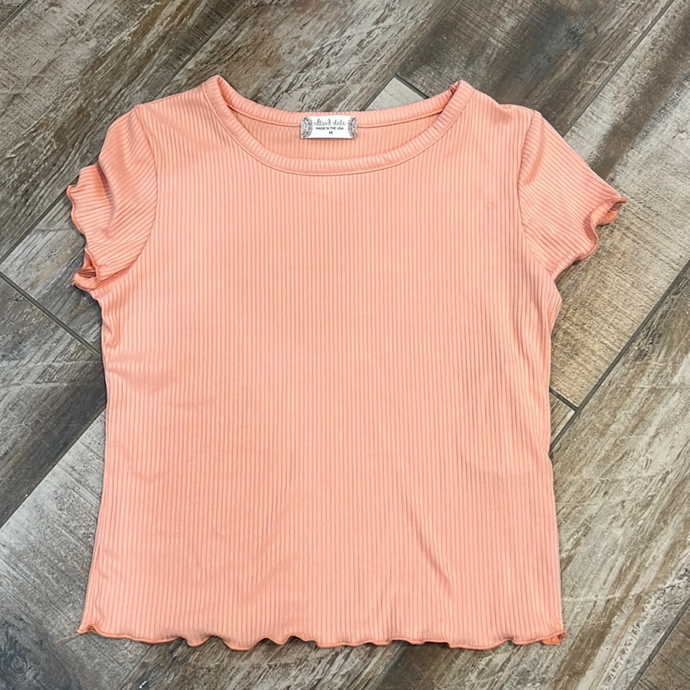 Altar'd State Peach Ribbed Lettuce-Edge Crop Top